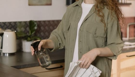 A girl holding a spray bottle and dish towel cleaning countertops