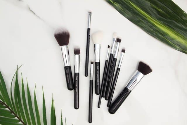 Various makeup brushes with two leaves in the corners