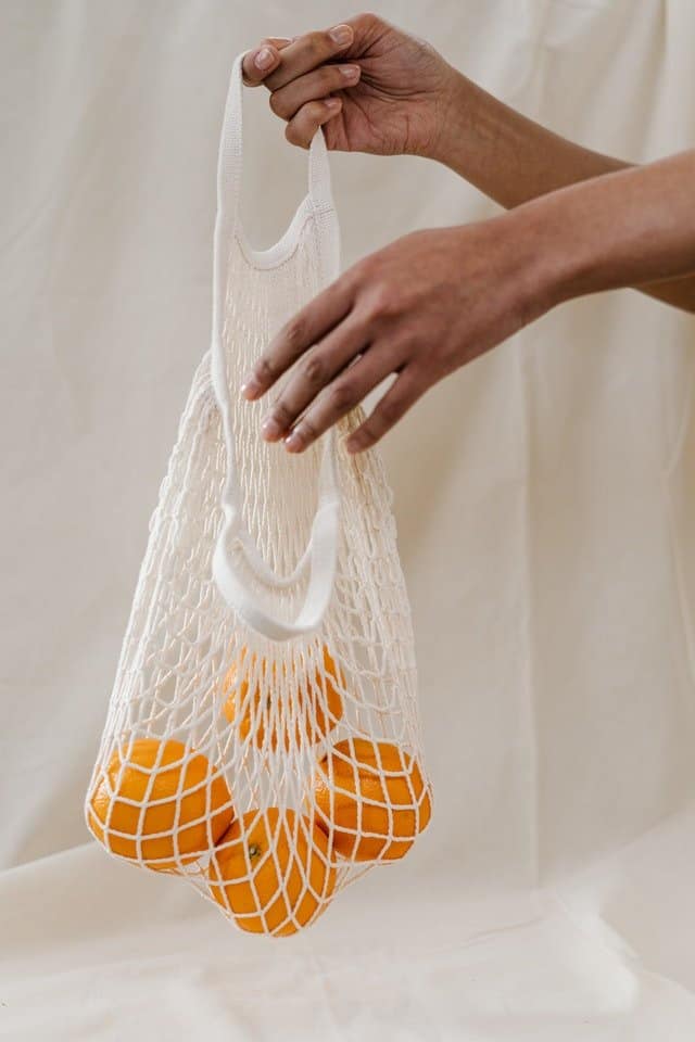 A person's hands holding a netted bag of oranges